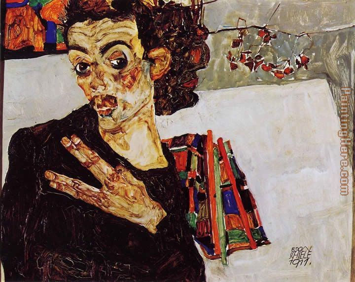 Self Portrait with Black Vase and Spread Fingers painting - Egon Schiele Self Portrait with Black Vase and Spread Fingers art painting